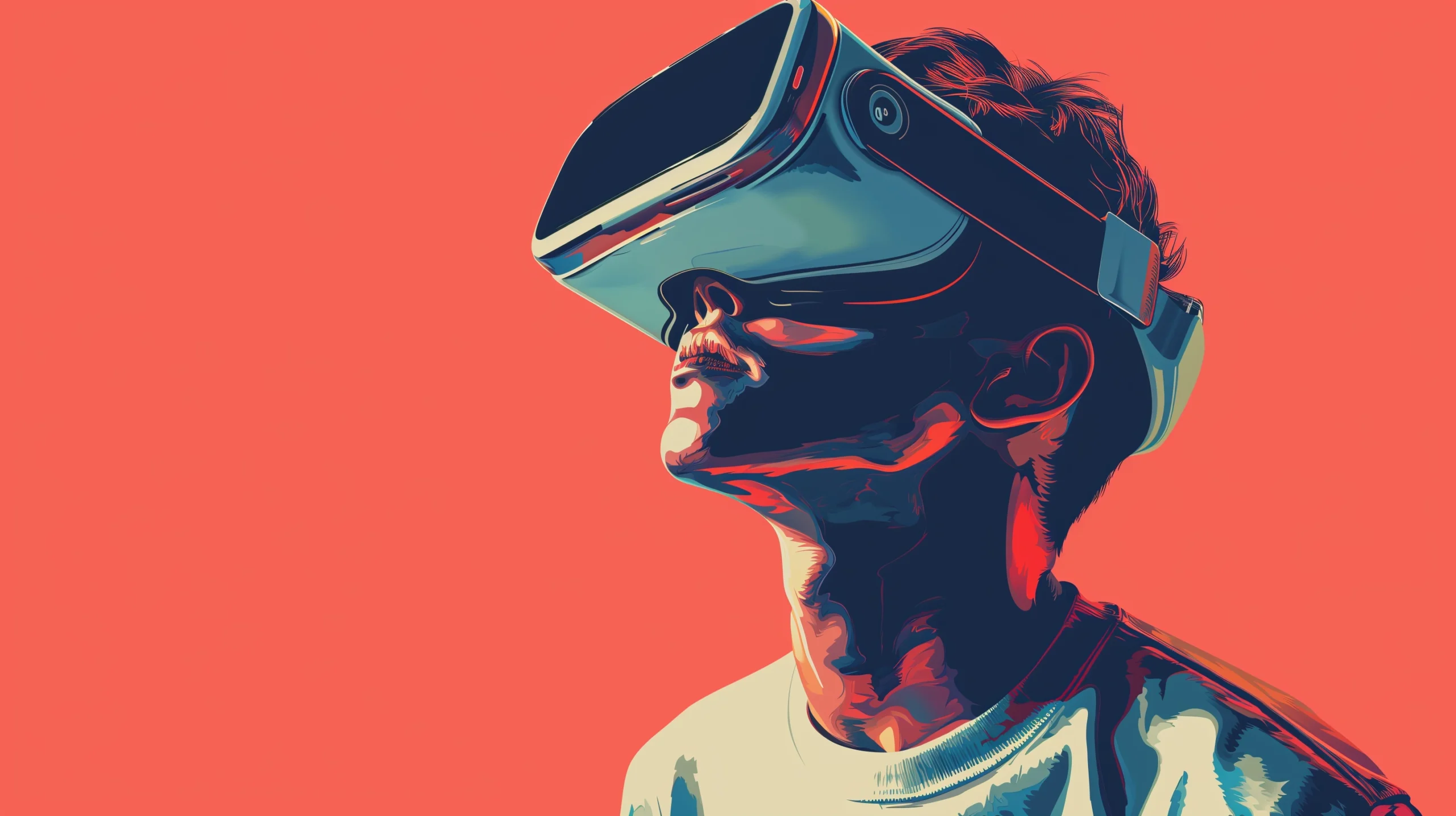 "Perfil de una persona con gafas de realidad virtual en tonos de cian y coral sobre fondo rojo."<br />

