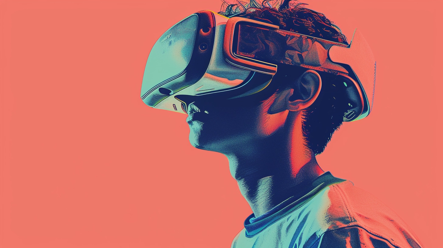 "Persona mirando hacia arriba llevando un visor de realidad virtual, con fondo de nubes de colores."