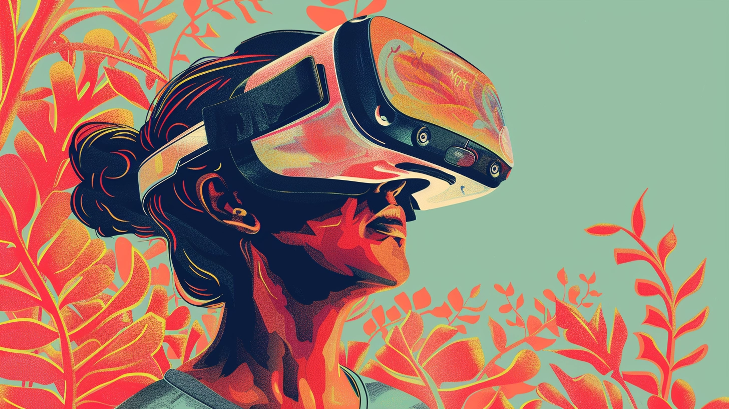 "Usuario de visor de realidad virtual con arte digital en colores vibrantes de fondo coral."