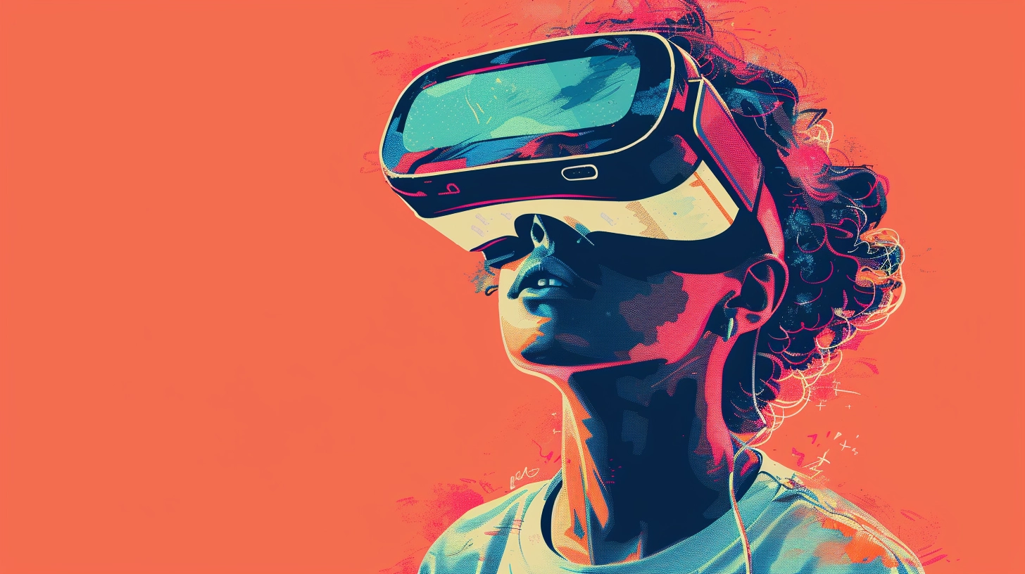 "Joven de perfil con visor de realidad virtual sobre fondo anaranjado."