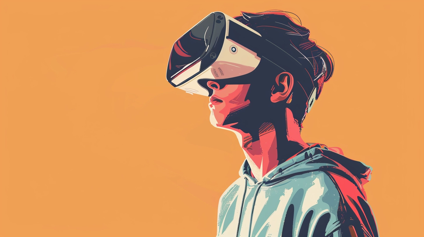 "Persona con visor de realidad virtual mirando hacia arriba en fondo coral con efectos de luz azul."