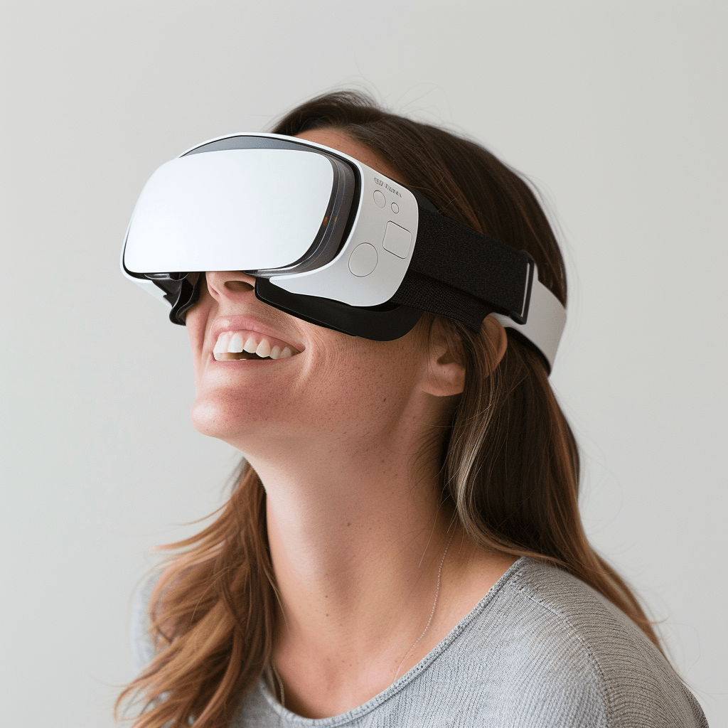 Mujer sonriendo mientras usa un visor de realidad virtual, representando el entusiasmo y la innovación de la tecnología VR durante las fiestas navideñas.