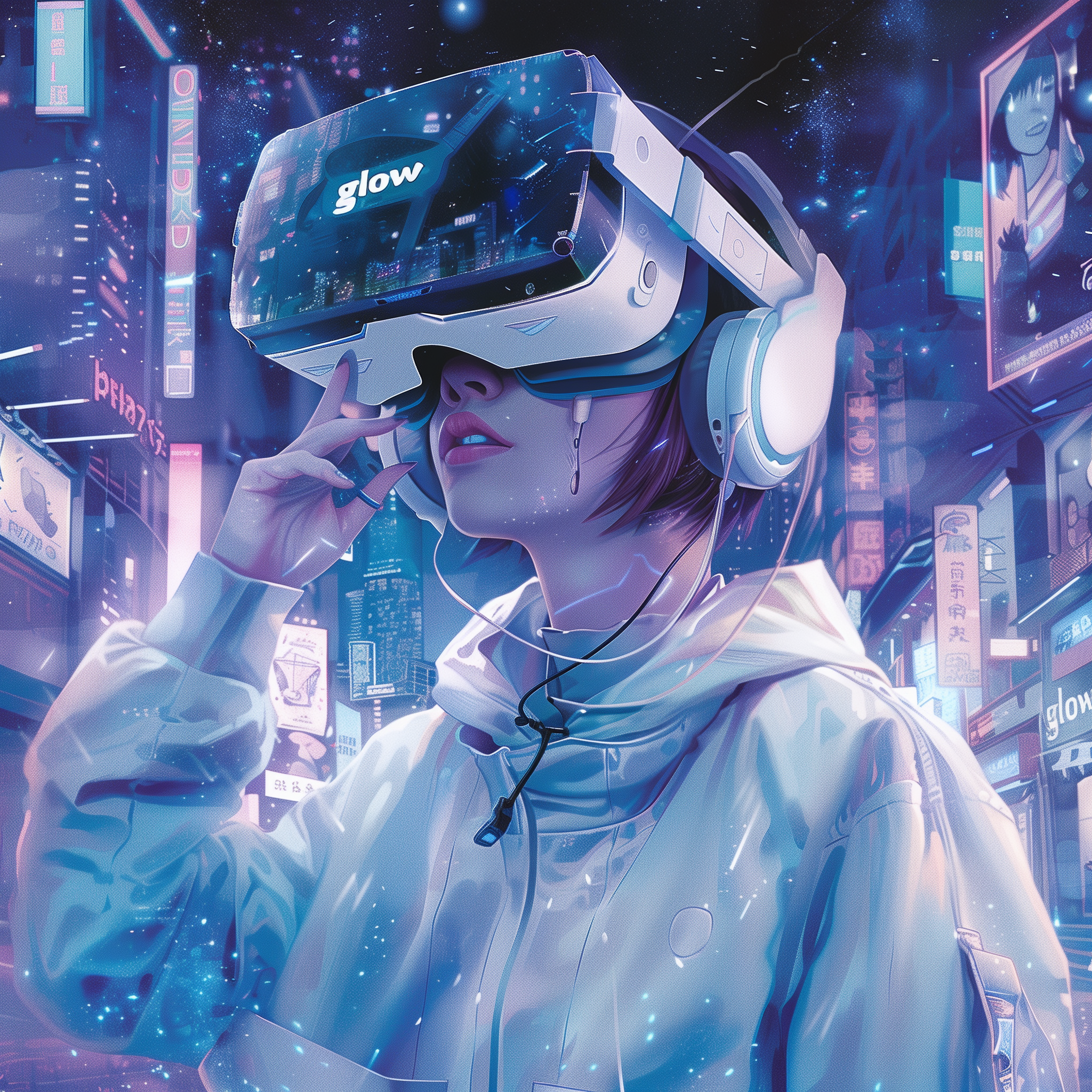 Persona con auriculares y casco de realidad virtual en ciudad nocturna iluminada por neón con letrero “glow”, estilo cyberpunk. La persona sostiene el casco con una mano y su rostro está cubierto por un cuadrado gris para privacidad. Fondos de carteles iluminados.