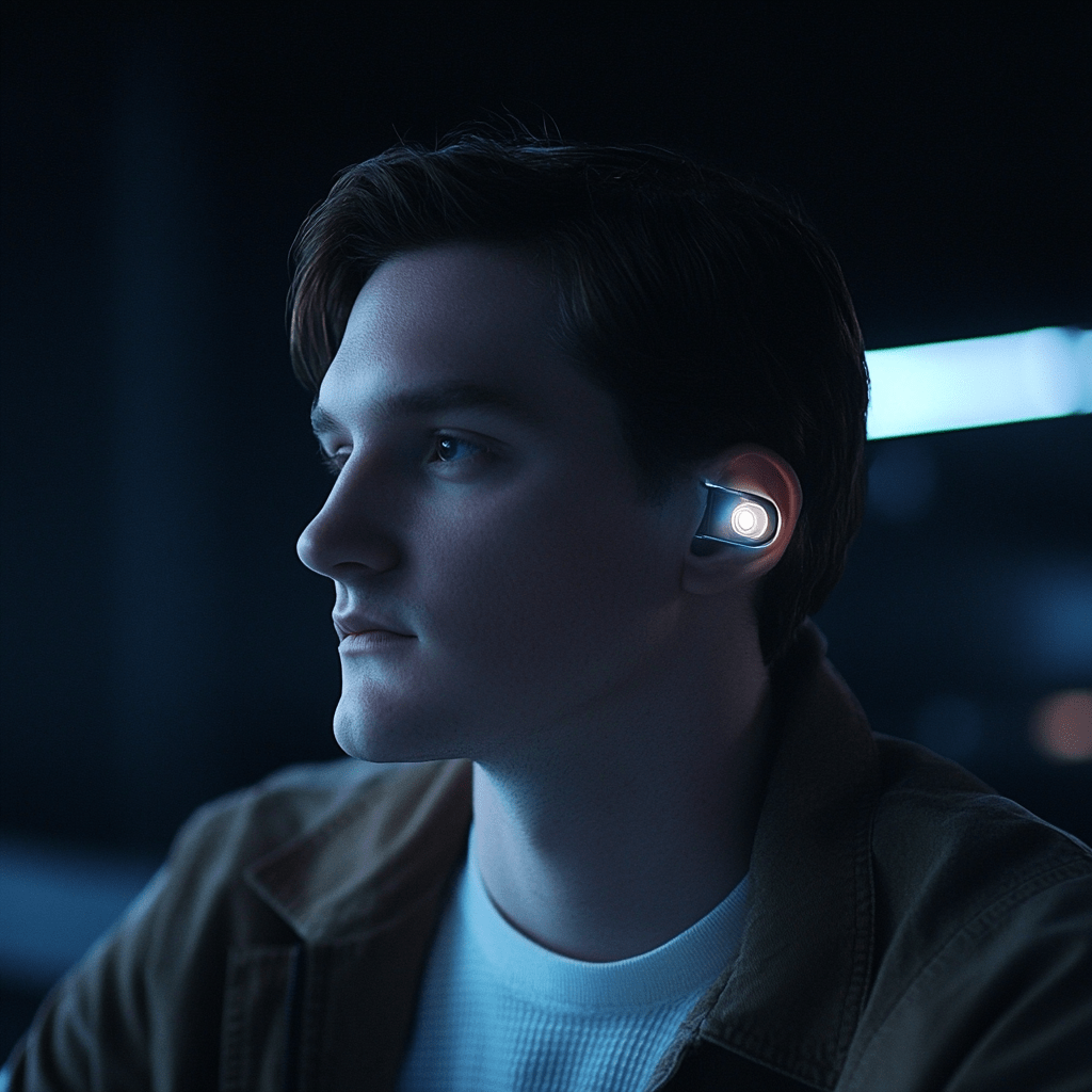 Hombre usando un dispositivo portátil Omi en la sien, con diseño futurista y luces LED, en un entorno tecnológico moderno y con iluminación tenue, destacando la innovación en interfaces cerebro-computadora.