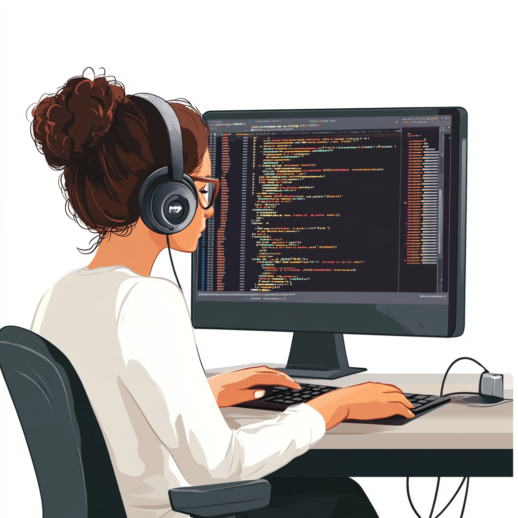 Desarrolladora trabajando en un prototipo de aplicación web utilizando herramientas modernas de programación y asistencia de inteligencia artificial, representando un entorno de desarrollo eficiente y profesiona