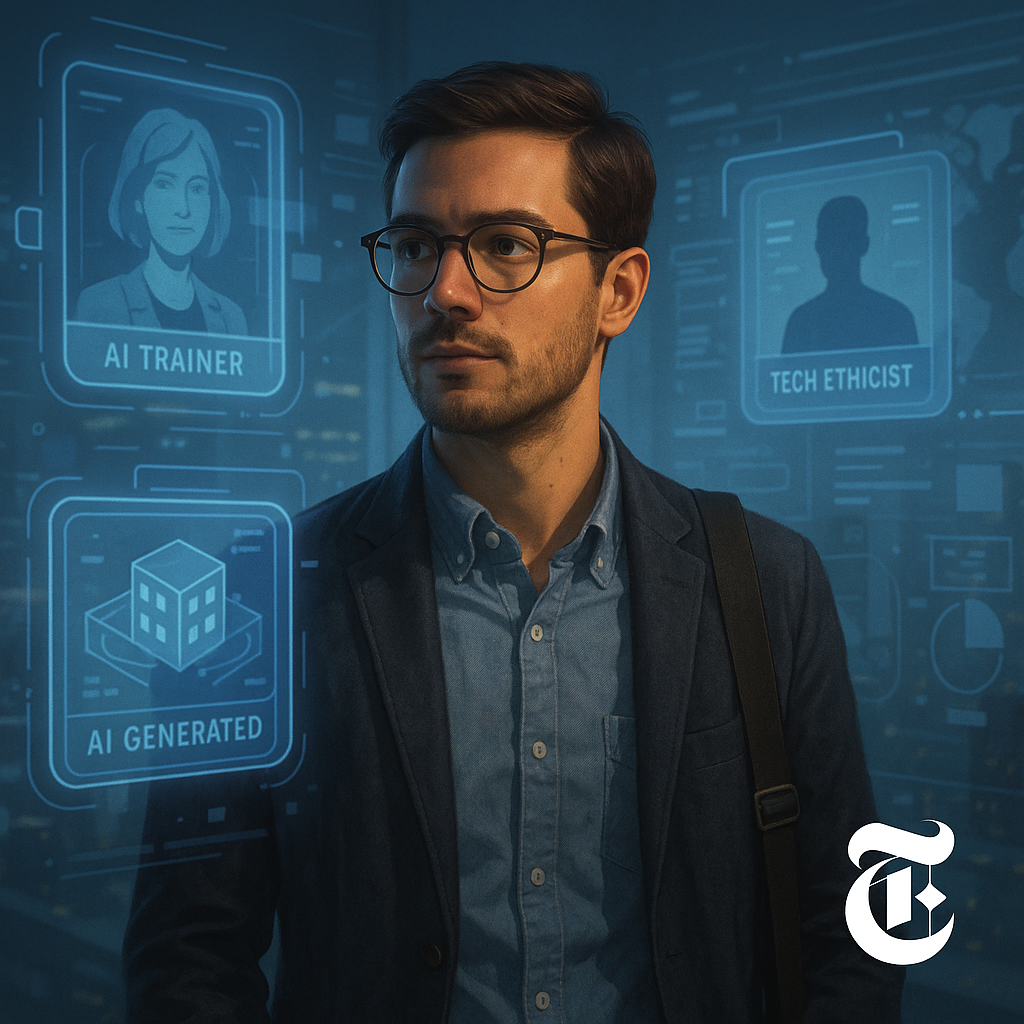 Ilustración futurista de un joven profesional analizando nuevos empleos creados por la inteligencia artificial, imagen destacada del artículo de danimcasas.com sobre los 22 nuevos trabajos según The New York Times.
