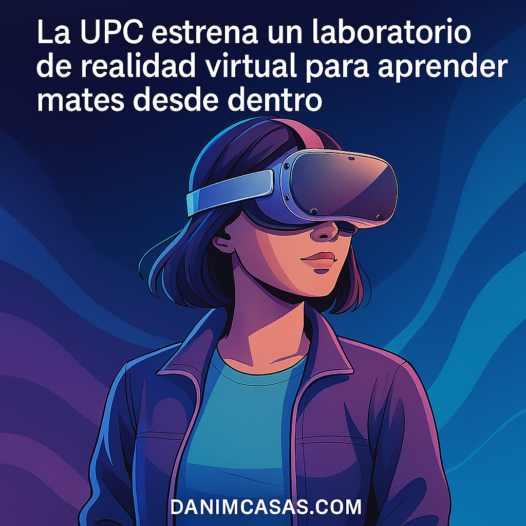 Imagen ilustrada de una joven con estilo moderno y gafas Meta Quest 3, inmersa en una experiencia de realidad virtual. El fondo abstracto azul transmite un ambiente tecnológico y educativo. El texto promociona el nuevo laboratorio de realidad virtual de la UPC para aprender matemáticas desde una perspectiva inmersiva. Incluye la dirección web: danimcasas.com.
