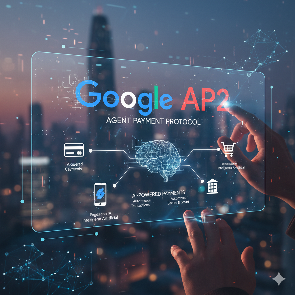 Google AP2, Agent Payment Protocol, representa el futuro de los pagos con inteligencia artificial, permitiendo transacciones autónomas, seguras e inteligentes gestionadas por IA. La imagen muestra una interfaz futurista con el logo de Google AP2, un cerebro digital simbolizando la IA y varios iconos relacionados con pagos, e-commerce y aplicaciones móviles, con un fondo de ciudad tecnológica que enfatiza la innovación en la economía digita