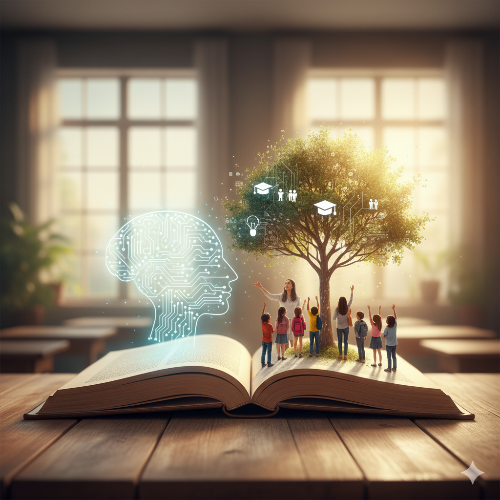 Un libro abierto con una escena en miniatura de un aula. Niños y una maestra están de pie sobre las páginas, mirando hacia un árbol frondoso del que brotan iconos relacionados con la educación y la tecnología (bombillas, ordenadores, birretes de graduación). Una silueta luminosa de una cabeza con circuitos cerebrales, representando la inteligencia artificial, se cierne sobre el libro, simbolizando la integración de la IA en la educación. La imagen sugiere el crecimiento y la innovación en el aprendizaje a través de esta combinación.