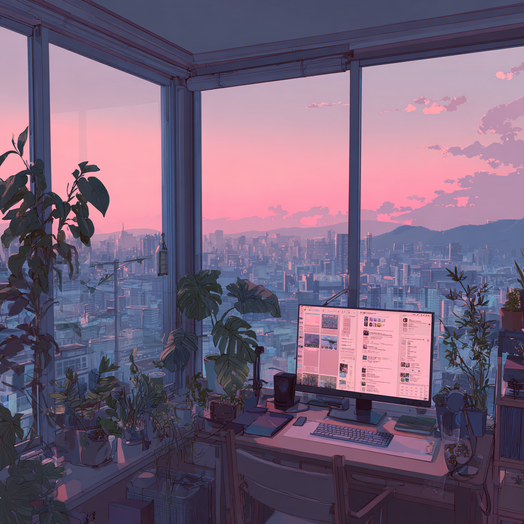 danimcasas curso seo e Ia barcelona articulo palabras clave LSI "Escritorio minimalista y moderno con un monitor mostrando contenido web, rodeado de plantas y con una impresionante vista urbana al atardecer en tonos rosas y púrpuras. Esta imagen representa un entorno de trabajo creativo y de análisis, ideal para la investigación de palabras clave LSI, optimización SEO y estrategias de contenido contextual. Evoca la tranquilidad para el estudio de técnicas avanzadas de posicionamiento web, marketing digital e inteligencia semántica