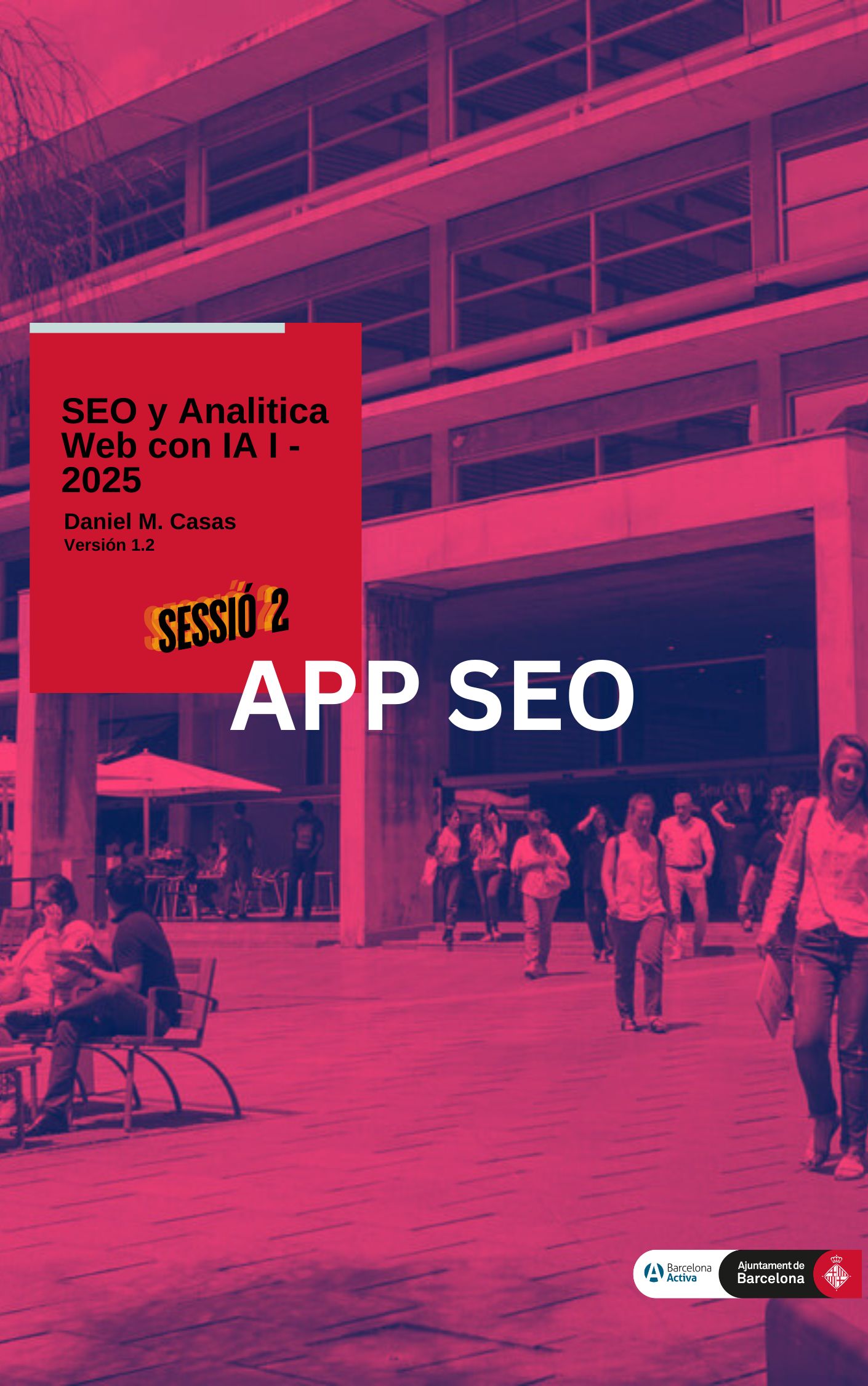 Imagen de un edificio moderno y personas en la entrada, representando el entorno educativo para la actividad de app SEO con IA.