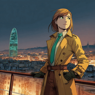 Ilustración de una profesional con gabardina amarilla en una azotea de Barcelona al anochecer. De fondo, la emblemática Torre Glòries iluminada en verde. Imagen promocional para el curso de IA Generativa en danimcasas.com.