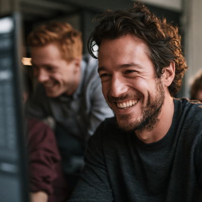 Profesional sonriente trabajando en equipo durante una sesión de formación en inteligencia artificial