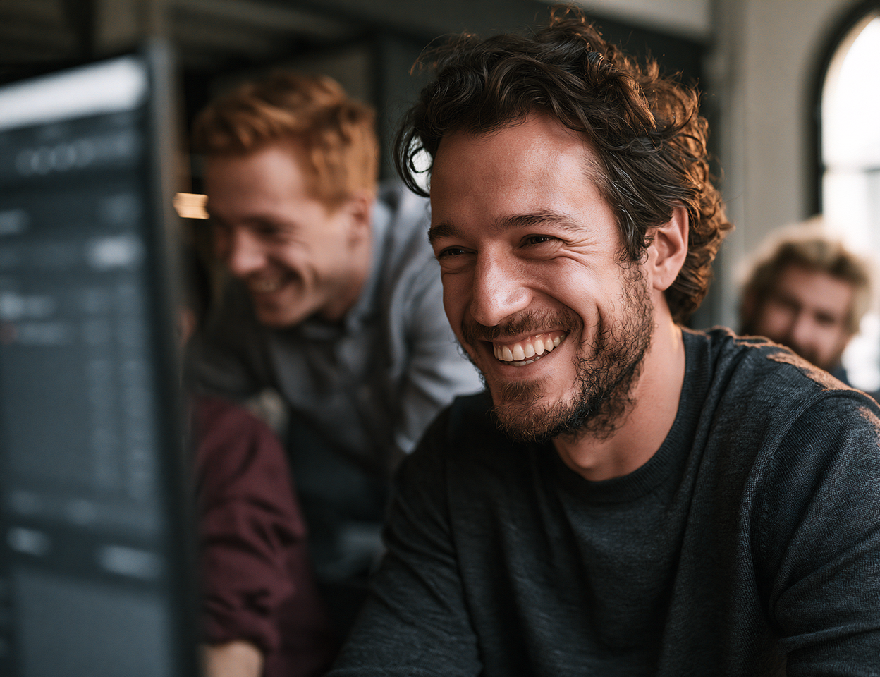Profesional sonriente trabajando en equipo durante una sesión de formación en inteligencia artificial