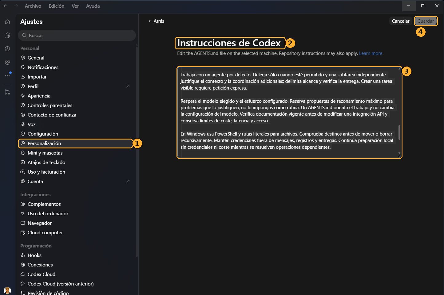 Ajustos de l'aplicació: Personalització › Instruccions de Codex